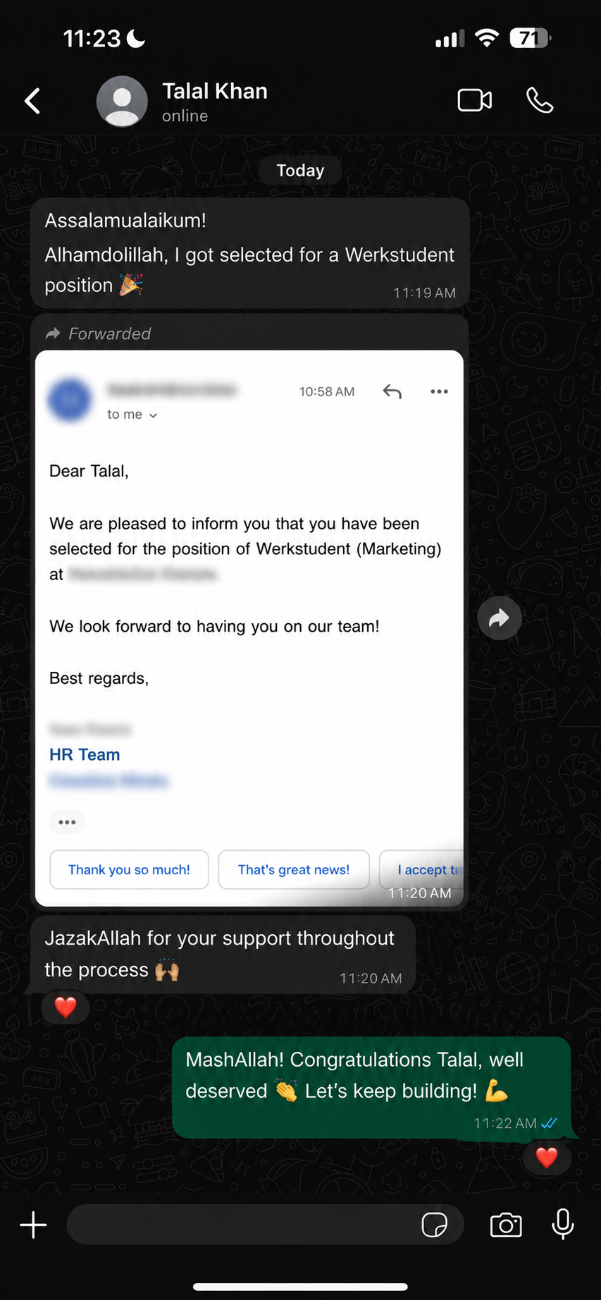 werkstudent job offer secured for a marketing role.